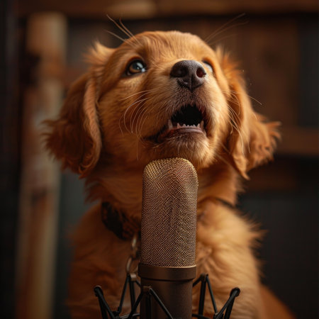 Cute golden retriever dog singing into a microphone in a recording studio.の素材