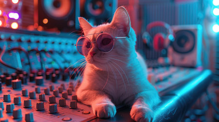 Cute white cat in sunglasses and headphones on the sound mixer.の素材