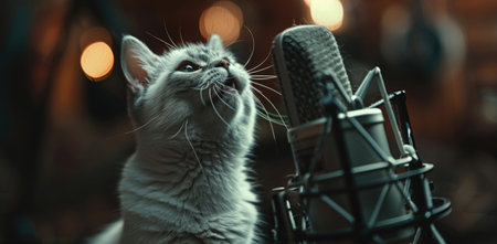 Cute cat with microphone in recording studio, close-up.の素材