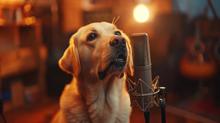 Golden Labrador Retriever with a microphone in a recording studio.の素材