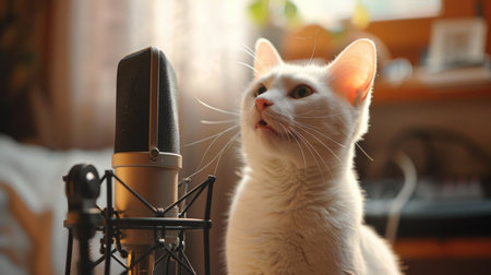 Cute cat with microphone on stand in recording studio, closeupの素材