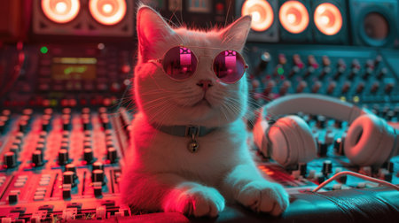 Cute white cat with pink sunglasses sitting on a sound mixer in nightclubの素材