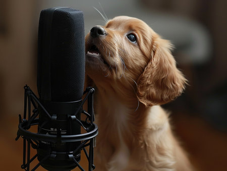 Cocker Spaniel puppy with microphone on the background of the roomの素材