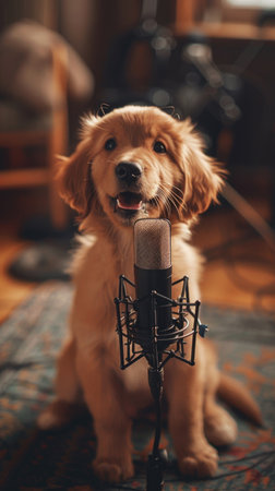 Golden Retriever dog singing into a microphone in a recording studioの素材