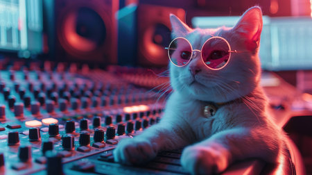 Cute white cat wearing glasses and listening to music in a nightclub.の素材