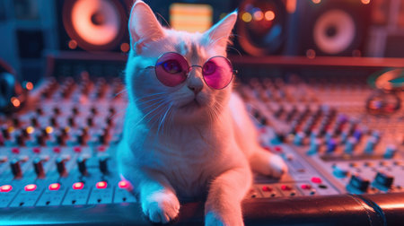 Cute white cat in pink sunglasses sitting on the sound mixer console.の素材