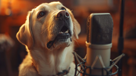Labrador retriever dog singing into a microphone in a studio.の素材