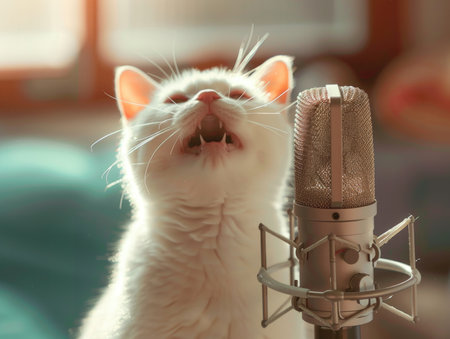 Cute cat singing into microphone on home interior background, closeupの素材