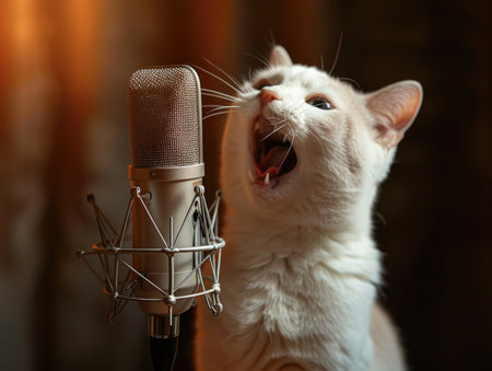 Cute white cat singing with a microphone on a dark background.の素材