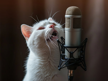 Cute white cat singing into a microphone. Close-up.の素材