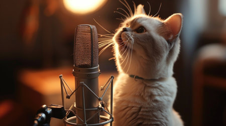 Cute cat with microphone on table in recording studio, closeupの素材