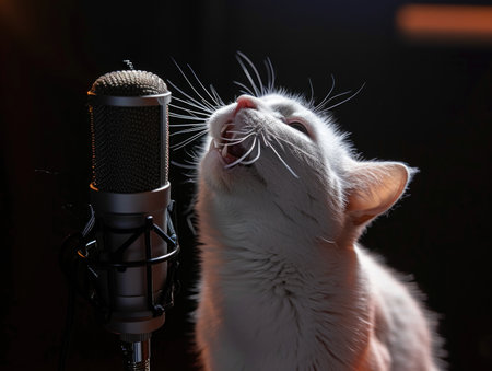 White cat singing with a microphone on a dark background, close-upの素材