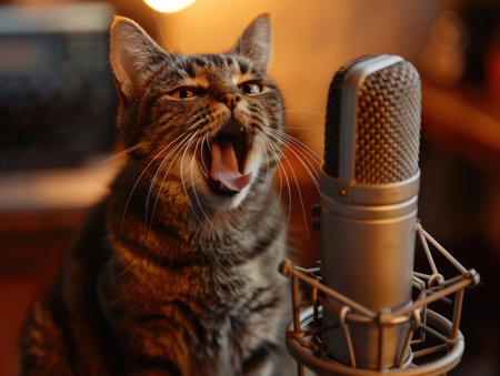 Cute cat singing into microphone in recording studio, closeup viewの素材