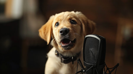Cute dog with microphone on blurred background, closeup. Musical equipmentの素材