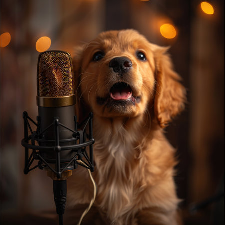 Cocker Spaniel dog with microphone in studio on dark background.の素材