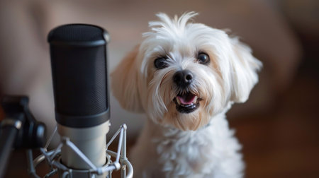 Maltese dog is singing a song with a microphone in a recording studio.の素材
