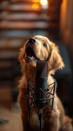 Cute Golden Retriever puppy singing into microphone on blurred backgroundの素材