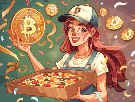 Girl with bitcoin and pizza. Vector illustration of a girl with a pizza.の素材