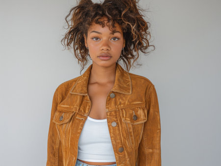 Portrait of a beautiful young african american woman with curly hairの素材