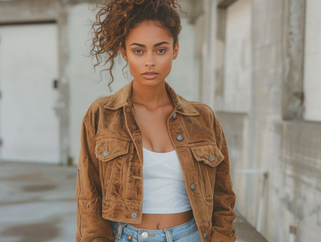 beautiful young african american woman in leather jacket looking at cameraの素材