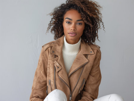 Portrait of a beautiful young african american woman in brown jacketの素材