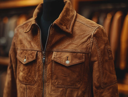 Brown leather jacket on a mannequin in a fashion store.の素材