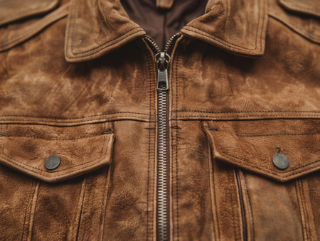 Closeup of a brown leather jacket with zipper. Fashionable clothesの素材