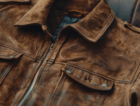 Close up of old brown leather jacket with zipper. Selective focus.の素材
