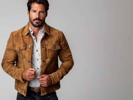 Portrait of a handsome man in a brown jacket on a gray backgroundの素材