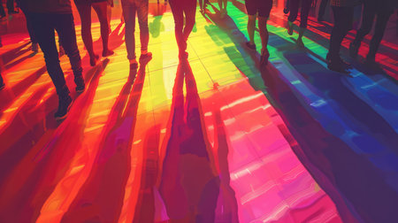 Group of people walking on a colorful background in neon light. Concept of movement.の素材