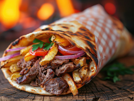 Doner kebab - grilled meat and vegetables in pita breadの素材