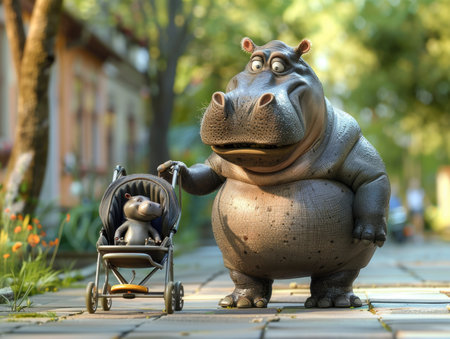 Hippopotamus in a wheelchair with a baby in the parkの素材