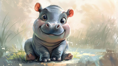 Hippopotamus in the meadow. 3d illustration.の素材