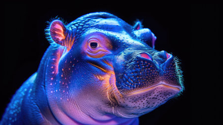 Hippopotamus in neon light on black background, close upの素材