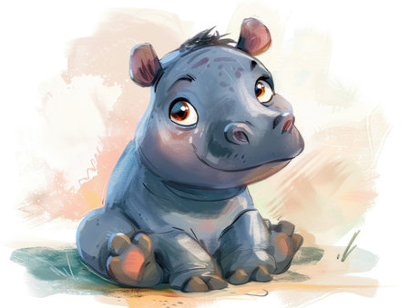 cartoon hippo sitting on the grass - illustration for children.の素材