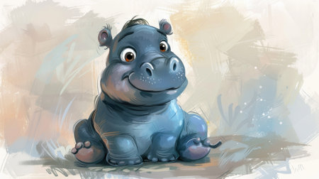 cartoon scene with hippo animal sitting on the ground - illustration for childrenの素材