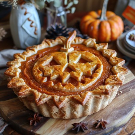 Homemade pumpkin pie on rustic wooden table, selective focus.の素材