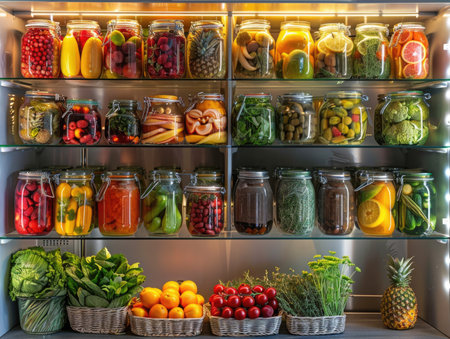 Refrigerator full of fruits and vegetables in the pantry.の素材