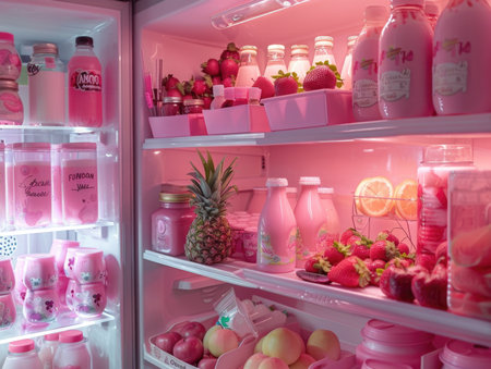 Interior of a fridge full of different products in pink tone.の素材