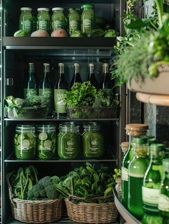 selective focus of glass bottles with green vegetables and herbs in pantryの素材