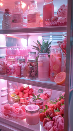 Refrigerator full of delicious desserts and candies in pink toneの素材