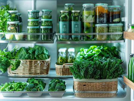 Refrigerator full of healthy food, vegetables and fruits in refrigeratorの素材