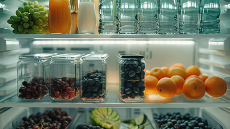 Refrigerator full of healthy food, fruits and vegetables, closeupの素材