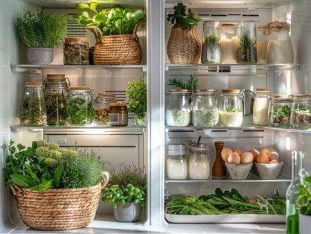 Refrigerator full of healthy food, fresh herbs and vegetables in kitchenの素材