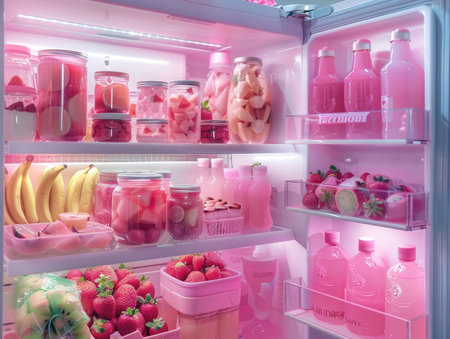 Refrigerator full of fresh fruit and berries, 3D renderingの素材