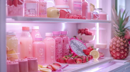 Refrigerator full of different products, closeup. Healthy food conceptの素材