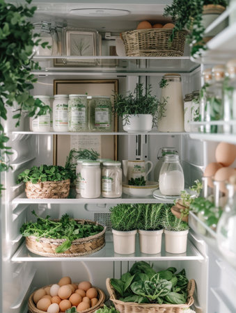 Close up of shelves with different fresh vegetables and dairy products in kitchenの素材