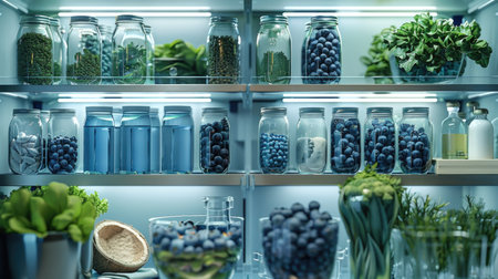 Glass jars with different fruits and vegetables on shelf in refrigerator, closeupの素材
