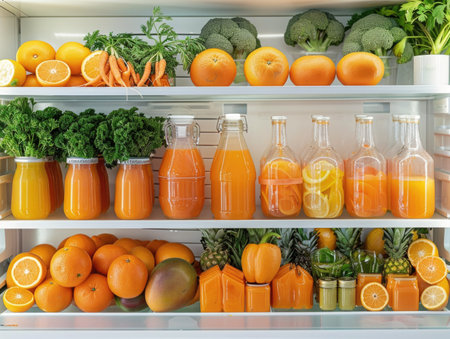 Refrigerator full of healthy food, fruits and vegetables, closeupの素材