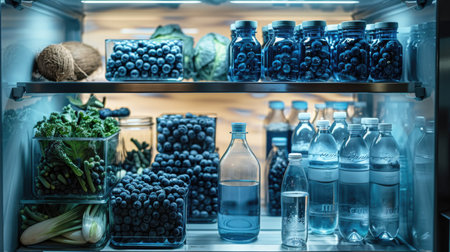 Fruits and vegetables in the refrigerator. Healthy food in the refrigerator.の素材